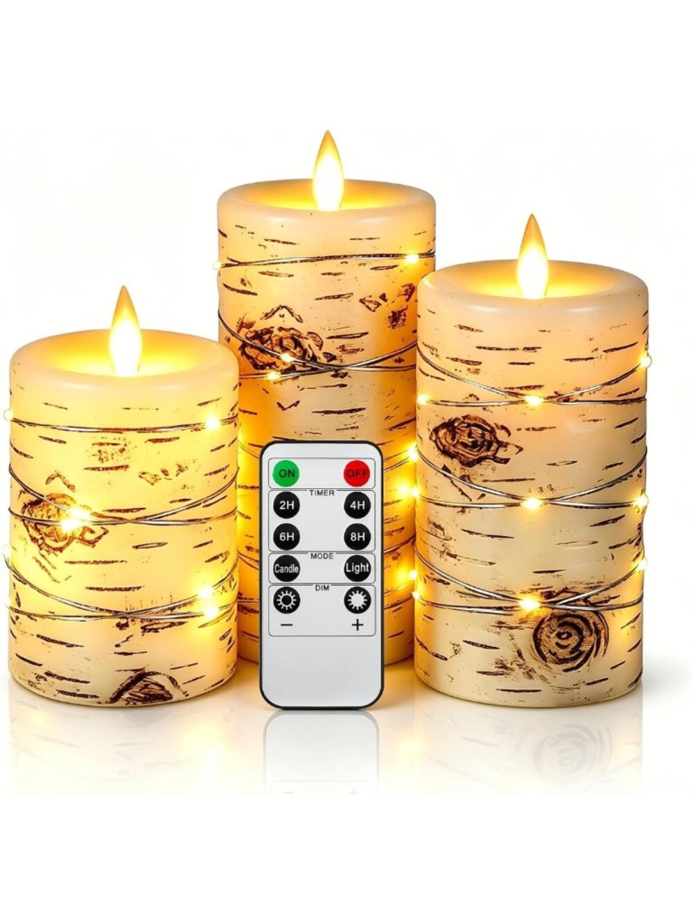 3 Pack Flameless Birch Bark Candles with Remote & Copper String Lights - LED